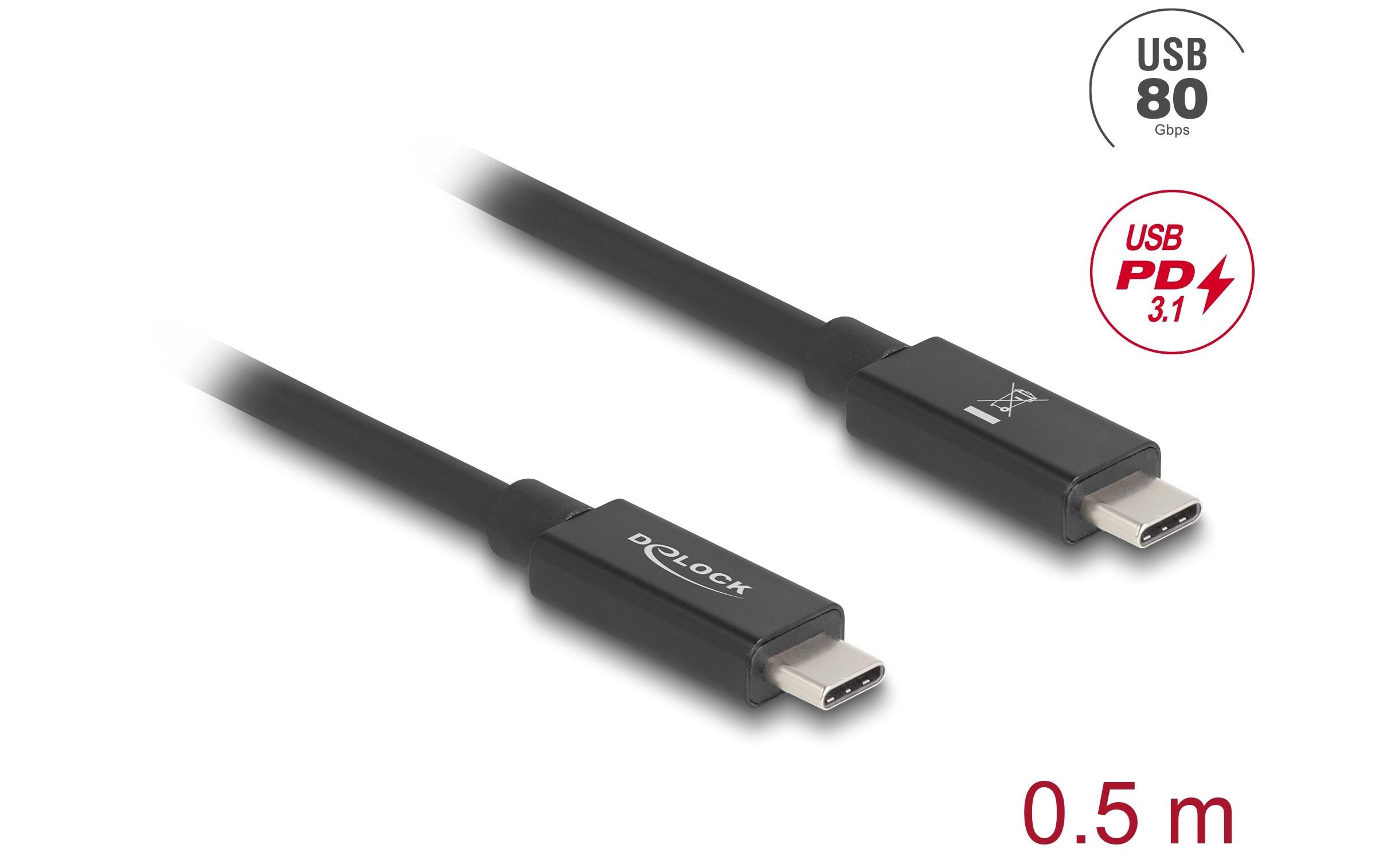 USB4-Kabel 80 Gbps PD 3.1, 240W, 16K 60 Hz USB - USB 0.5 mDelock USB 80 Gbps Kabel USB Type-C Stecker zu Stecker 16K 60 Hz PD 3.1 240 W E-Marker koaxial 0.5 m Schwarz