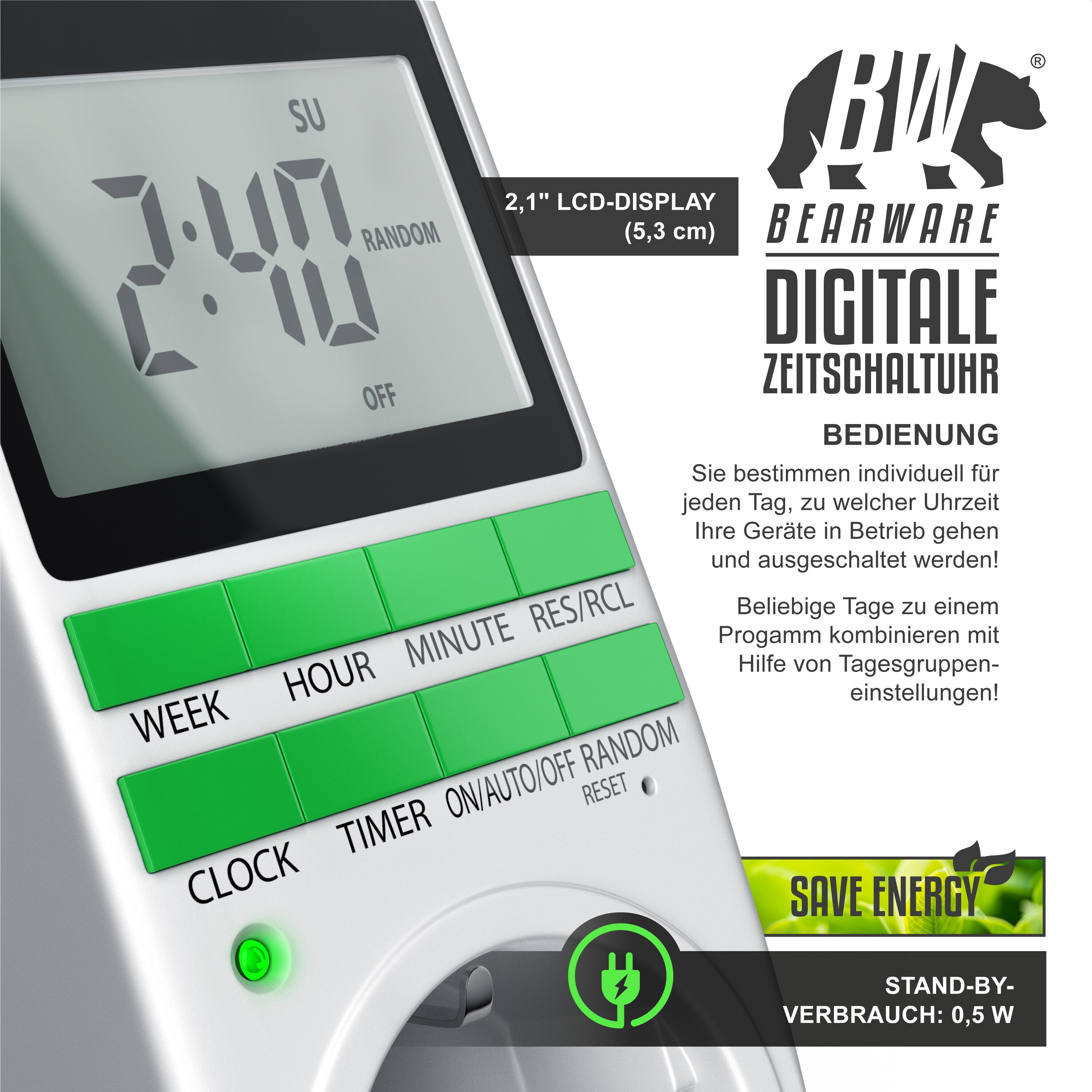 BEARWARE - Zeitschaltuhr digital - 2,1 LCD-Display 5,3 cm - 3680W - Digital-Zeitschaltuhr mit 10 konfigurierbaren Programmen - Back-Up Reserve-Akku