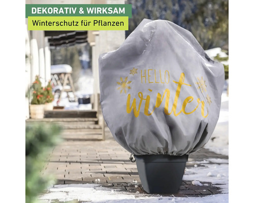 Winterbeschermingsvlieshoes Windhager decoratieve hoes Protect XL 1,1 x 1,1 m, grijs met Hello Winter-motief, vlies 50 g/m² met trekkoord