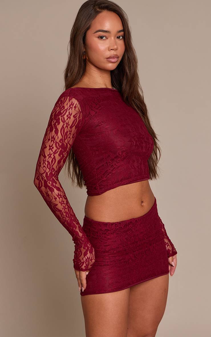 Rouge Vin Jupe Mini En Dentelle Taille Mi-haute Ensemble Coordonné