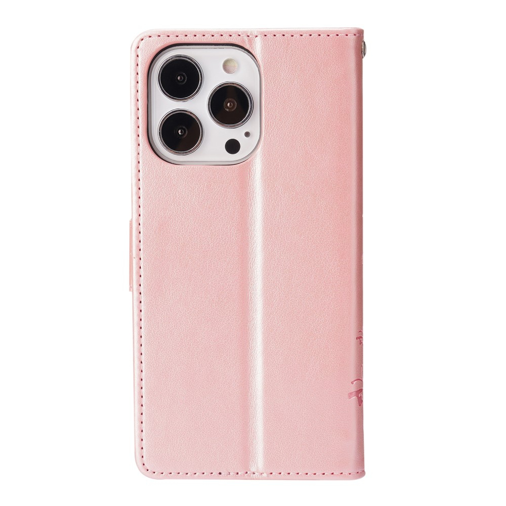 iPhone 13 Pro Leder Tasche mit Kartenfach   Handschlaufe Butterfly Flowers - Rosa