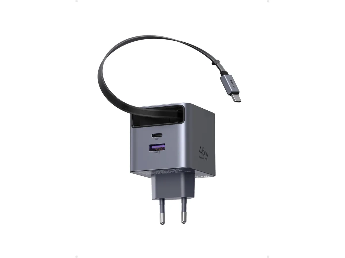 (45W) 3in1 USB C / USB A GaN Ladegerät Fast Charger GaNinfinity & Thermal Guard mit ausziehbarem USB C Ladekabel (65822) - Silber