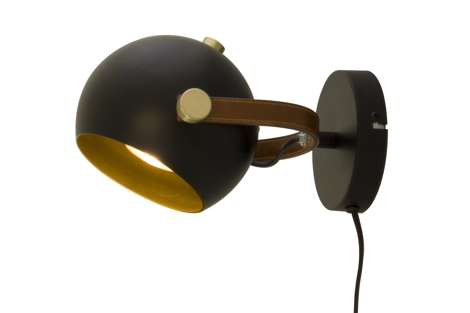 Bow vegglampe Sort med detaljer i brunt skinn og messing