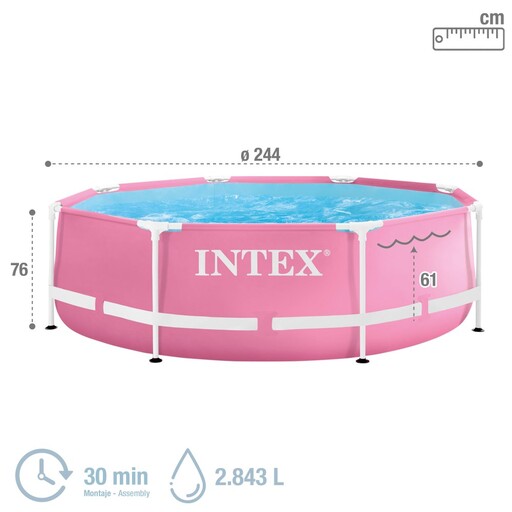 Piscina circular Intex rosa de 2,843 litros com estrutura metálica.