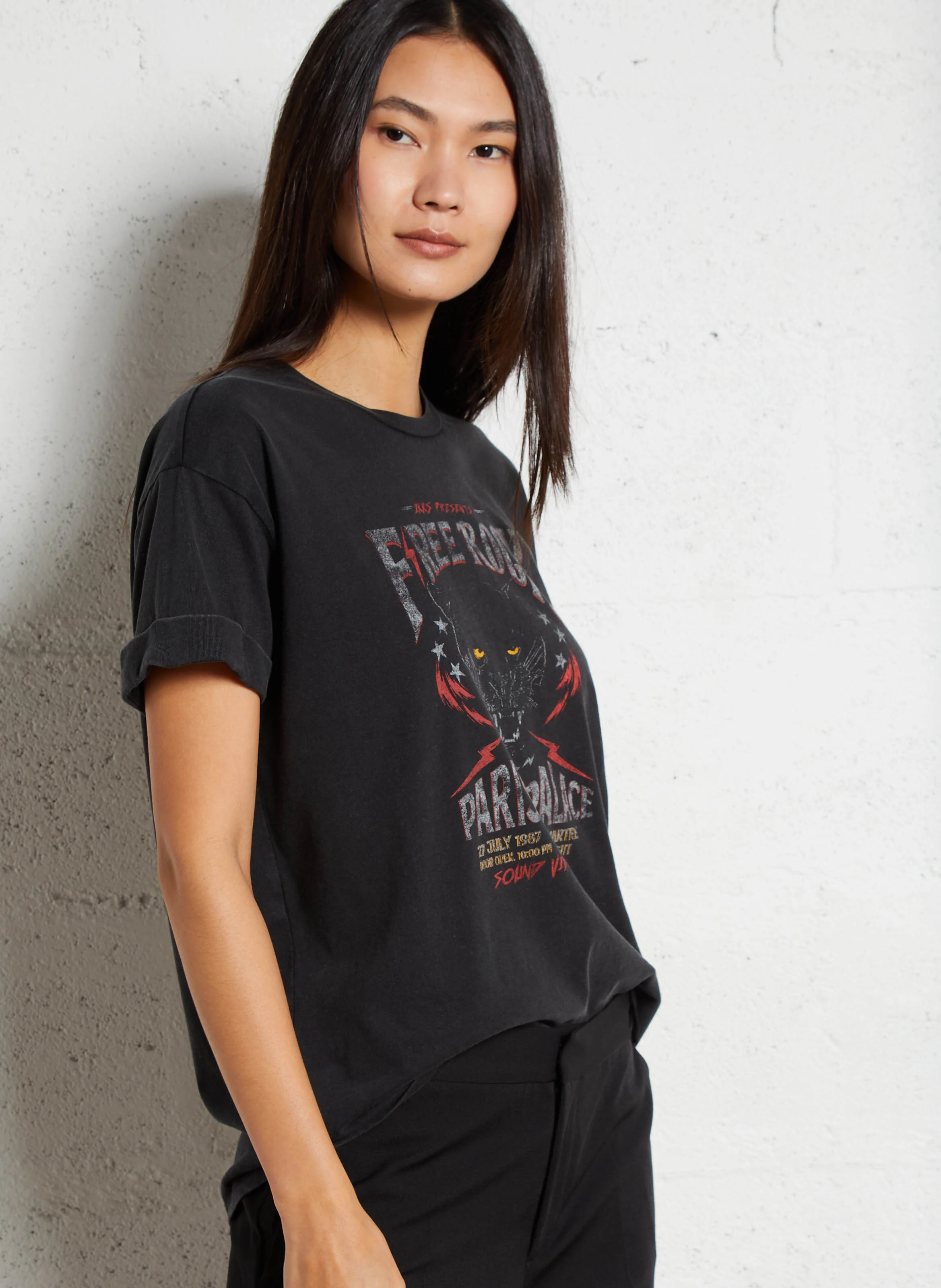 Tee-shirt col rond ample en coton sérigraphié | Noir