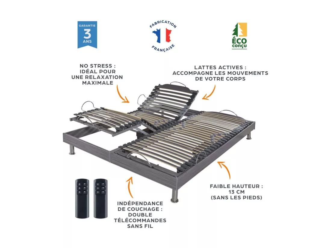 Lit électrique S62 + matelas Wave 2x80x200 - Mousse - Soutien ferme - Made in France