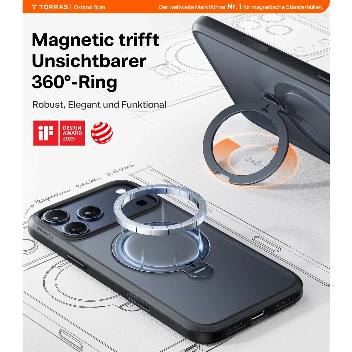 iPhone 17 Pro Max Ostand 360° Spin MagSafe Hybrid Hardcase Hülle Ring Stand   Kickstand - Schwarz