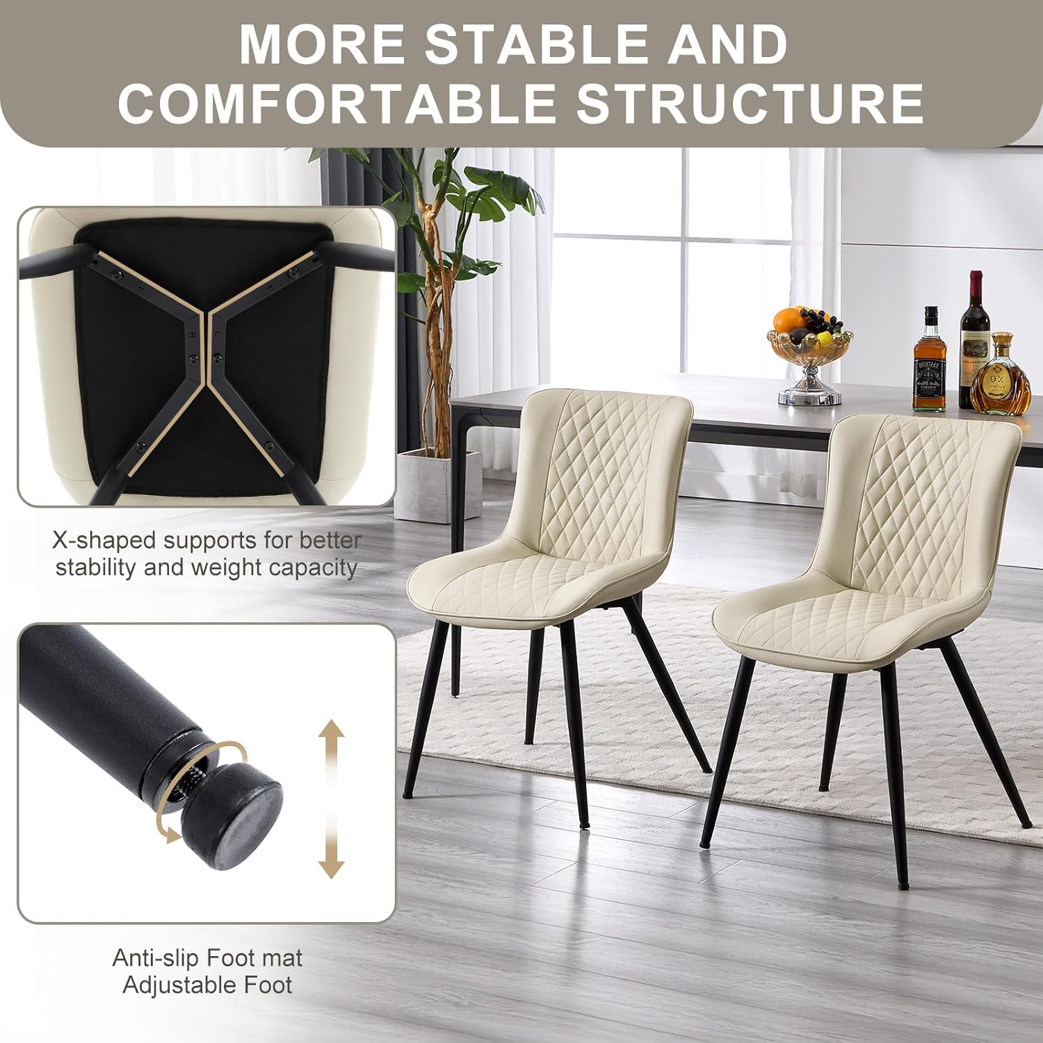 6er Set Esszimmerstühle, Küchenstuhl mit Hoher Rückenlehne Polsterstühle mit 5 cm Sitzkissen PU Leder Dining Chair Moderne Sessel und Metallbeine Beige