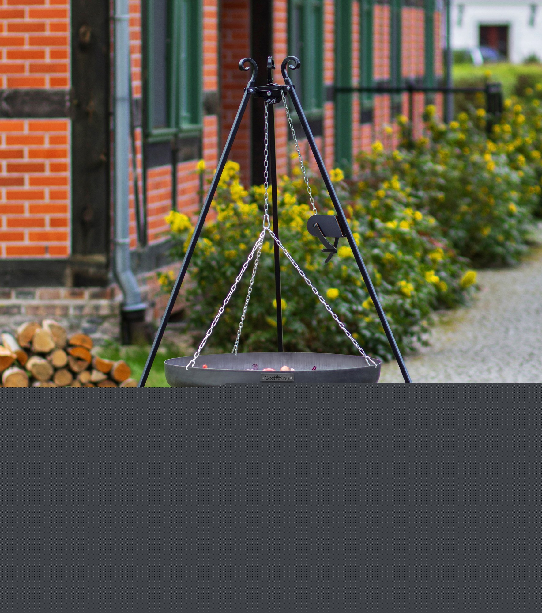 Wok am Dreibein, 180 cm Höhe, Rohstahl, 60 cm Durchmesser + Kurbel