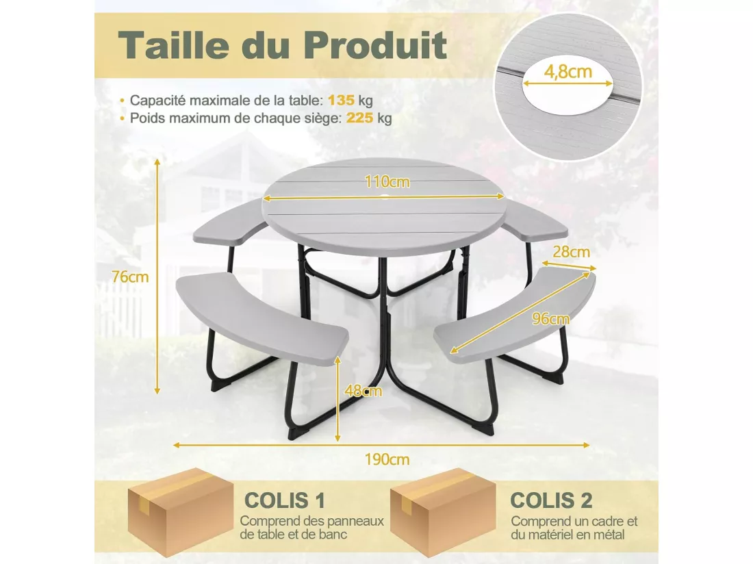 Ensemble Table de Pique-Nique avec 4 Bancs Intégrés, Ensemble de Jardin Table de Pique-Nique Circulaire 135KG Trou pour Parasol, pour Jardin Piscine, 190 x 76 cm,Gris