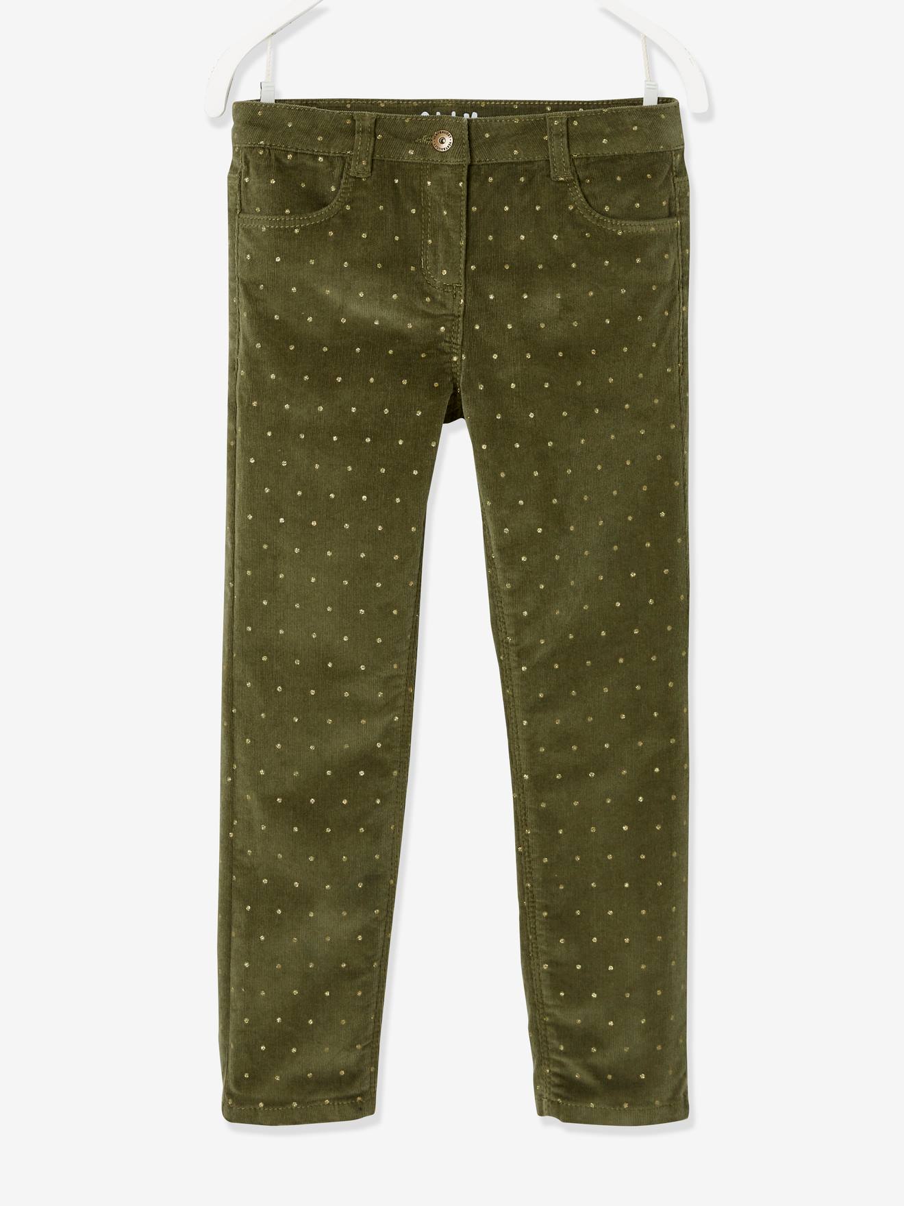 Calças de veludo cotelê slim fit para meninas da MorphologiK com bolinhas iridescentes, largura padrão no quadril, estampa verde média.