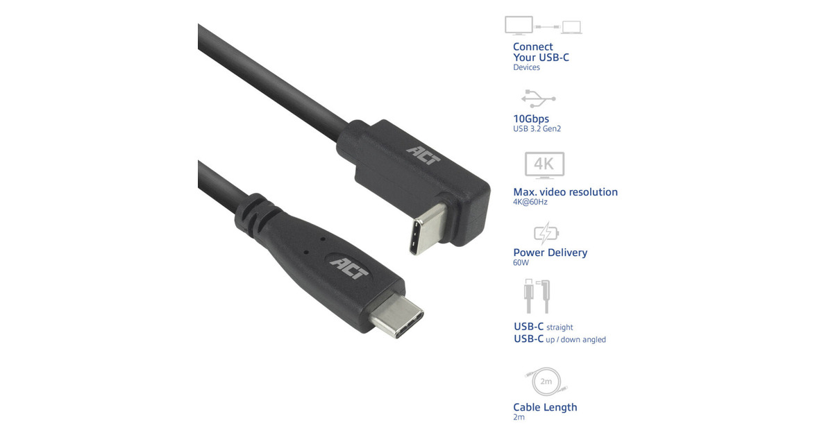 ACT ConnectivityUSB 3.2 USB-C (recht) naar USB-C (omhoog/omlaag haaks) kabel  (Zwart, 10 Gbit/s, 60W, 2 meter)