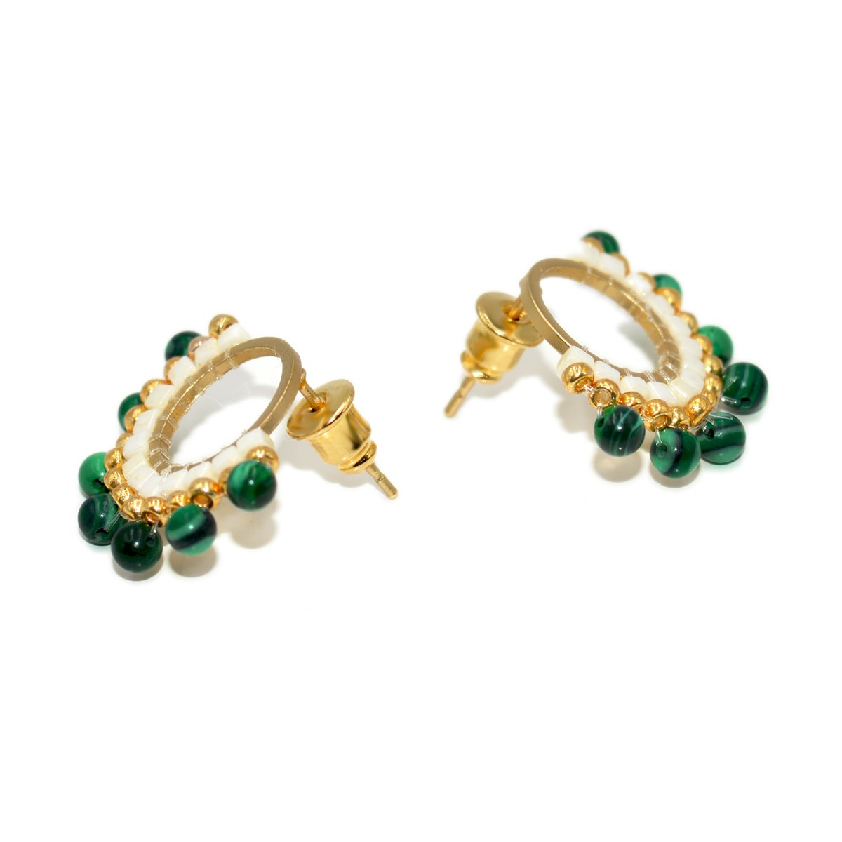 Boucles d'oreilles puces perles tisssées mains miyuki/Malachite-Doré à l'or fin