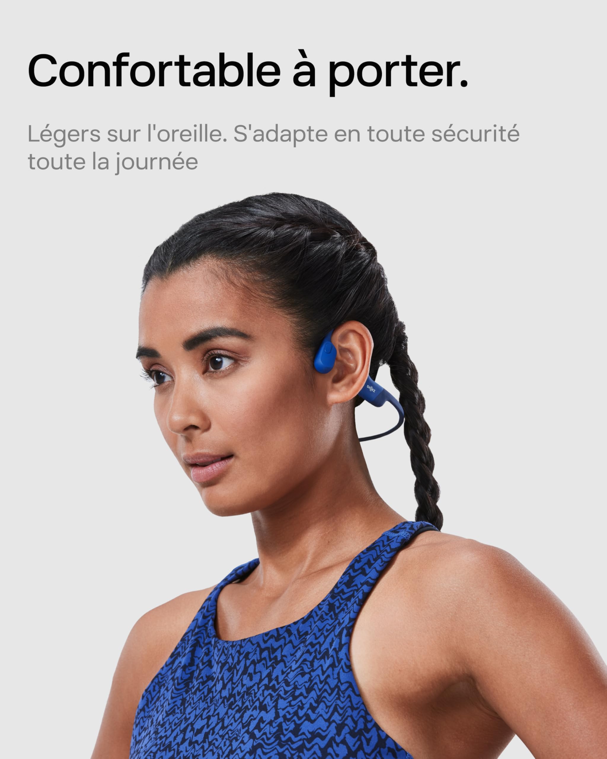 SHOKZ OpenRun Casque à Conduction osseuse, écouteurs Bluetooth Oreilles Libres pour Le Sport avec Micro, Casque sans Fil étanche IP67 8 Heures d’autonomie, USB-C, Bandeau de Sport, Bleu