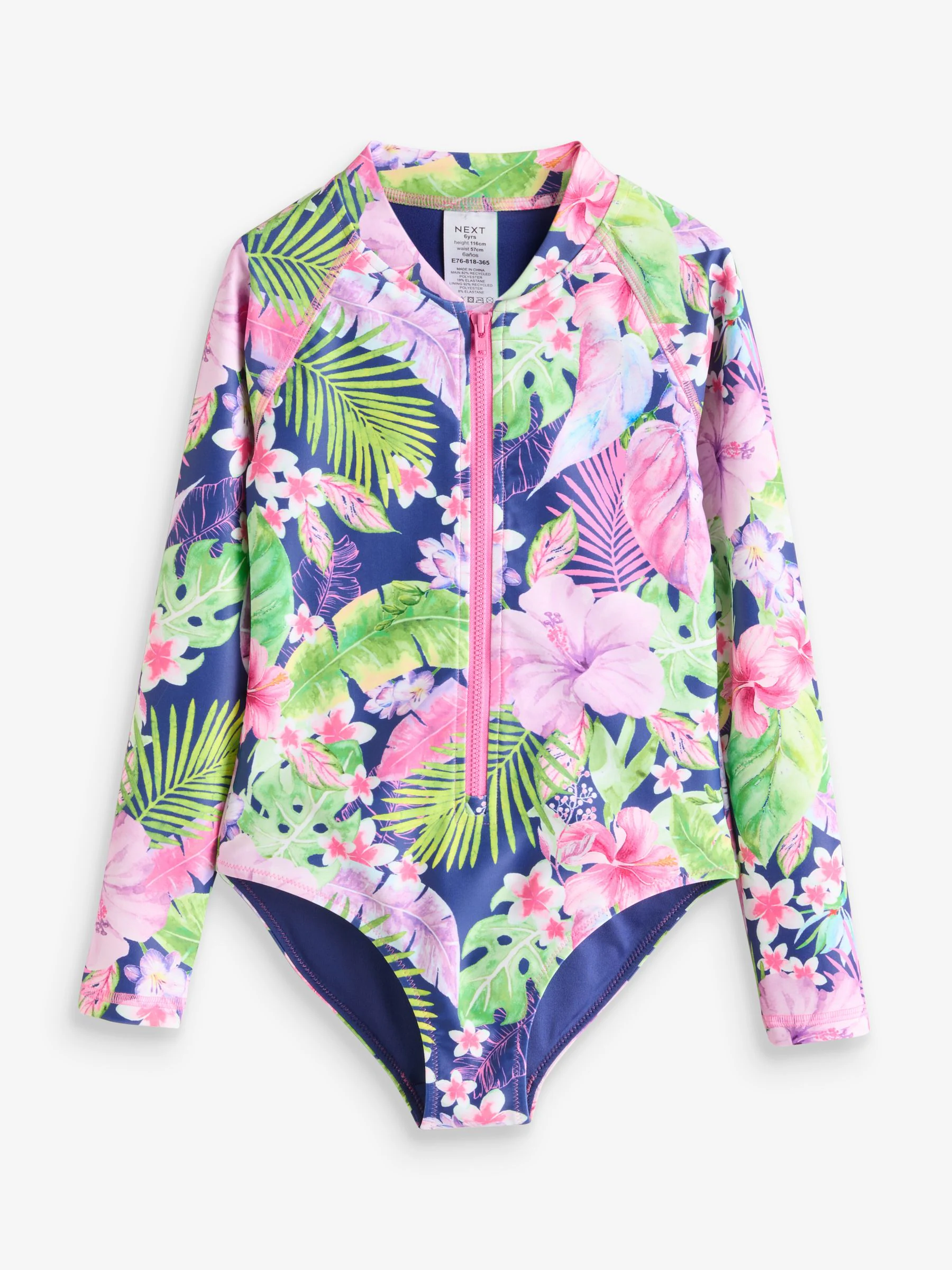 Marineblauw tropische print - Zonbeschermend badpak met lange mouwen (3-16jr)