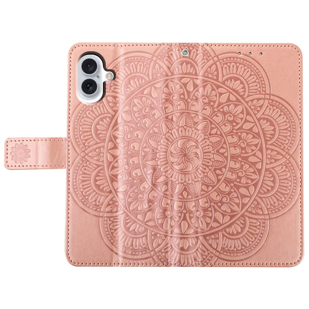iPhone 16 Leder Tasche Wallet - Mandala Flowers Imprint - Roségold