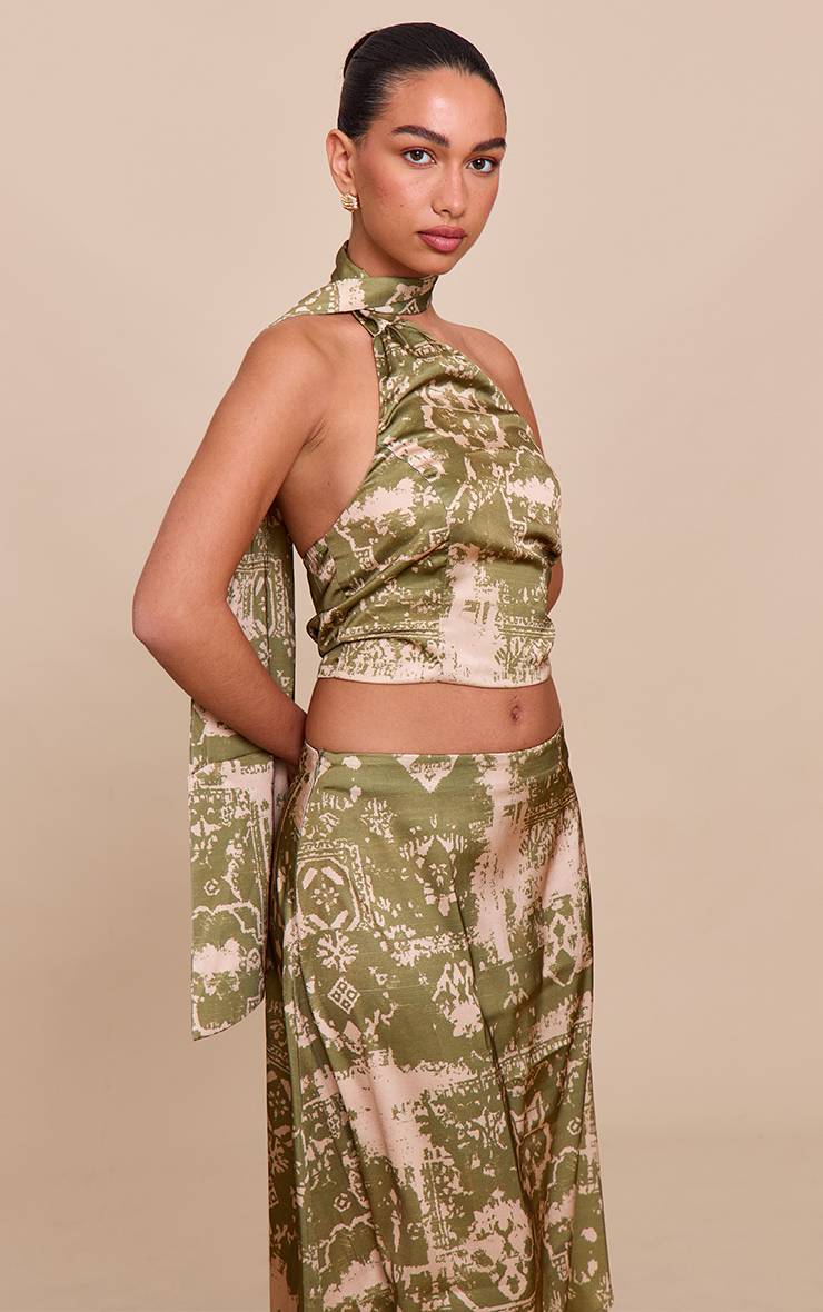 Kaki Jupe Midi Asymétrique En Satin Imprimé Coordonné