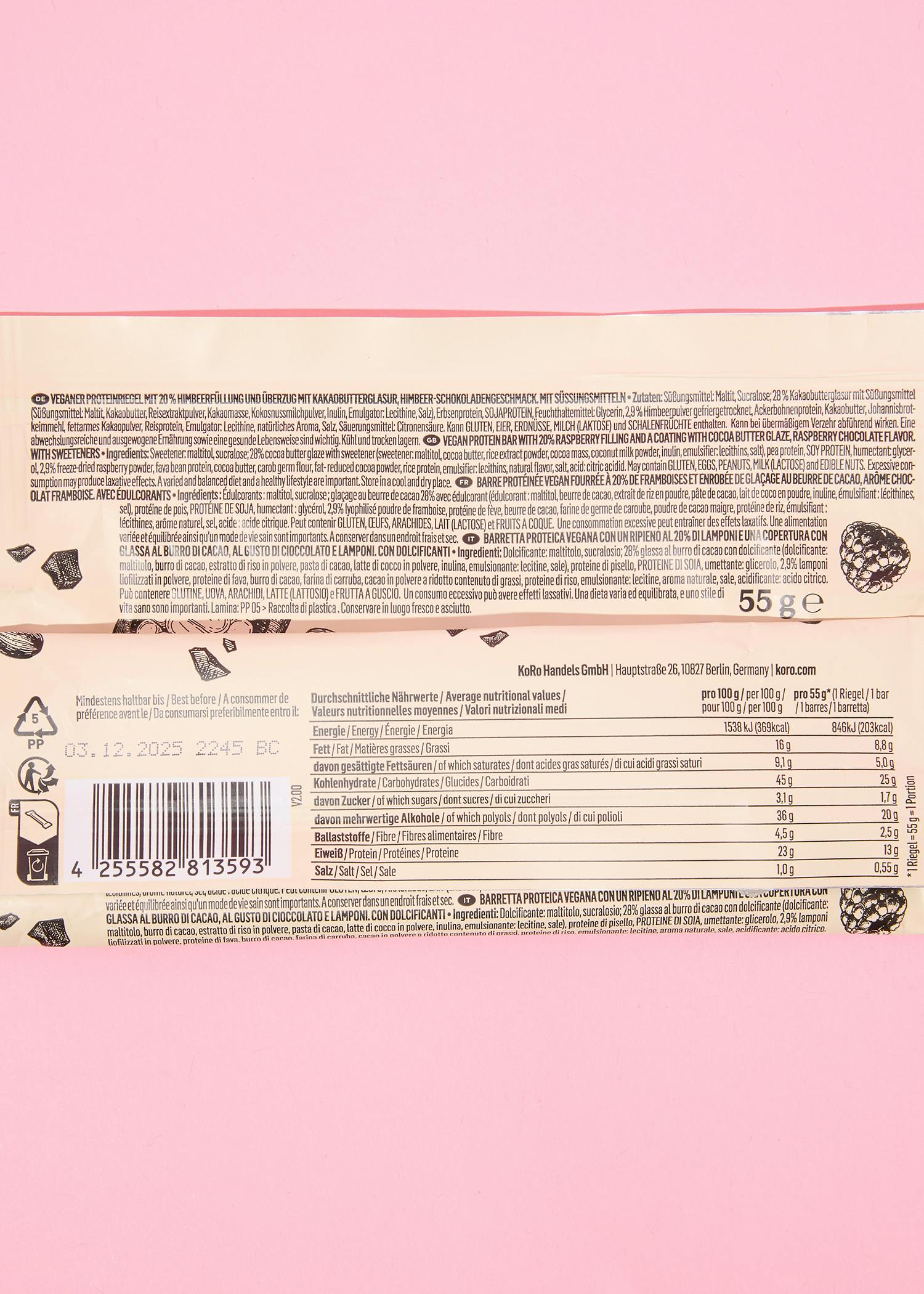 Protein Bar Deluxe Vegan Raspberry Choc 55 g