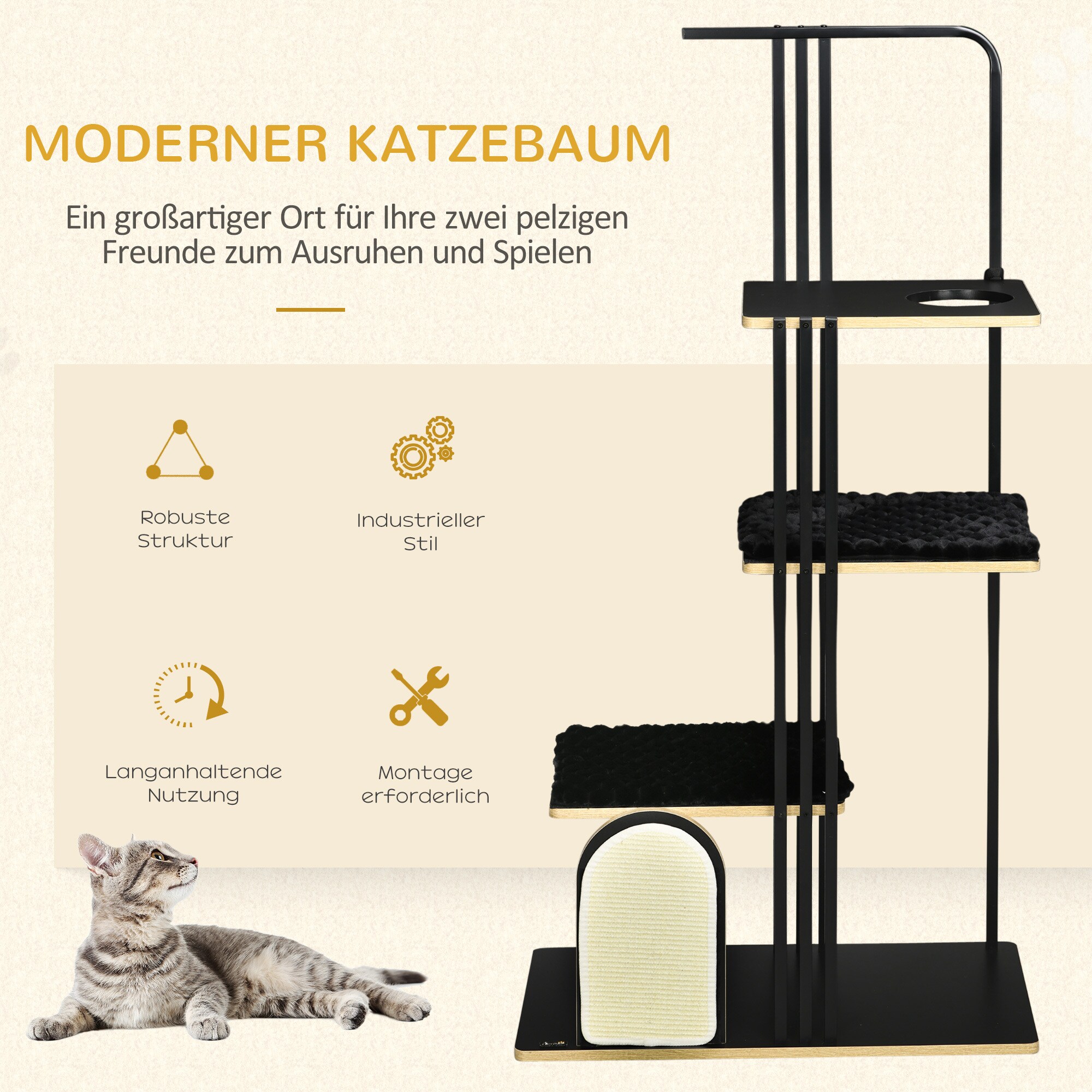 PawHut Kratzbaum mit Kissen und 4 Ebenen schwarz 85L x 48B x 170H cm