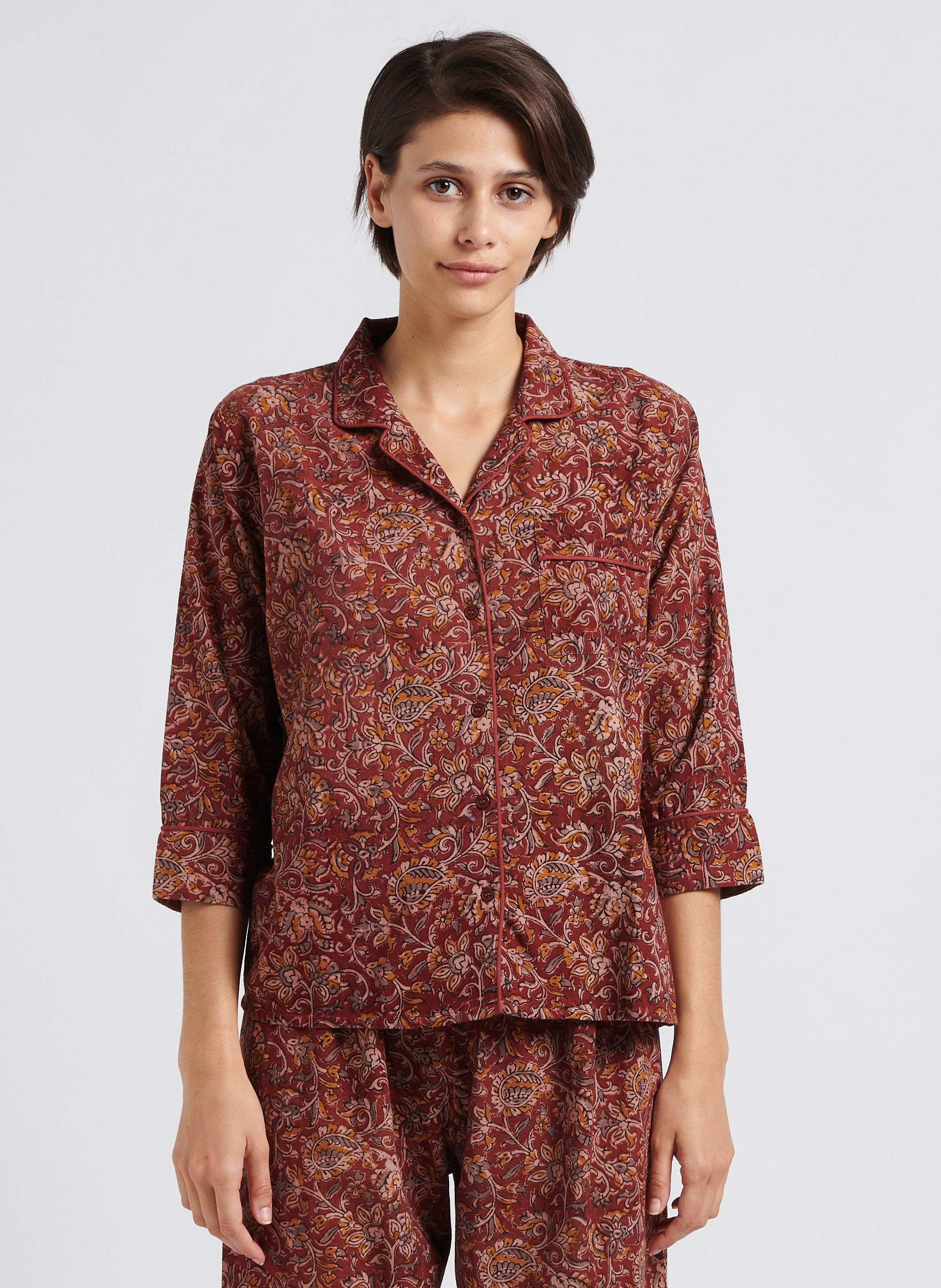 HOMEWEAR PYJAMA - Ensemble pyjama à motif floral en coton | Marron