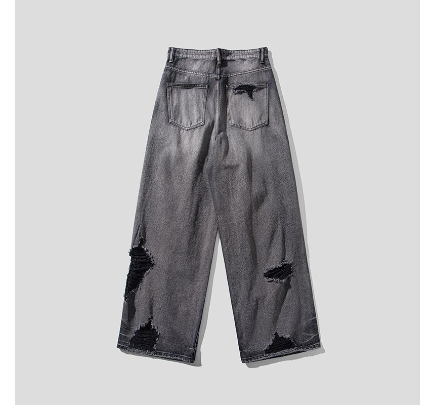 purplelouve - Mid Rise Washed Distressed Wide Leg Jeans