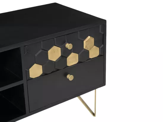 Meuble TV avec 1 porte, 2 tiroirs et 2 niches en bois de manguier et métal - Noir et Doré - BELORI