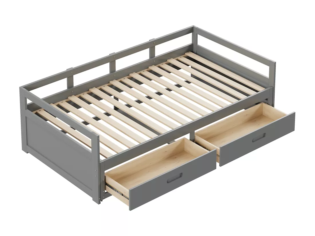 Lit gigogne 90 x 200 cm avec 2 tiroirs - Bois de pin - sommier à lattes - gris
