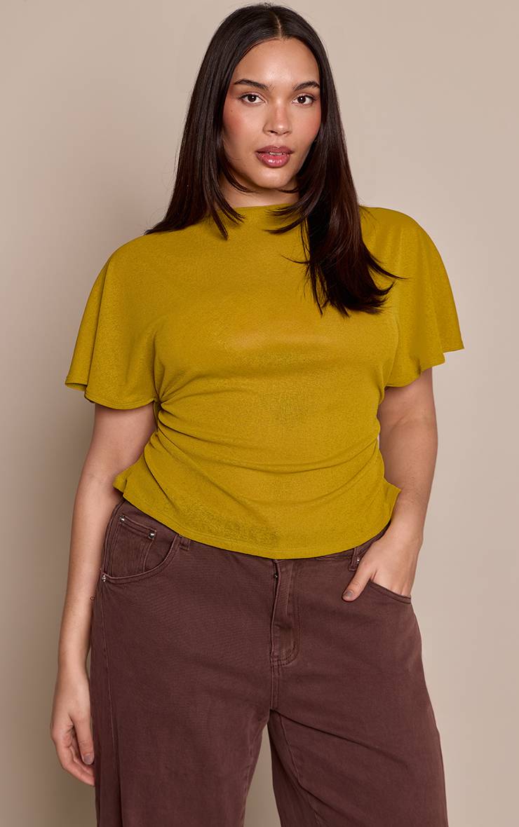 Vert Olive Top Grande Taille À Détail Cape Et Fronces Latérales