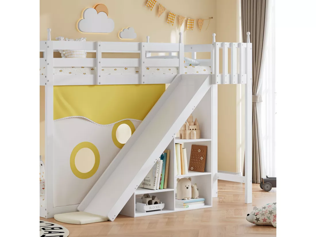 Lit superposé pour enfants avec escalier et barrière, rideaux de lit, toboggan et étagère, blanc (90x200 cm)