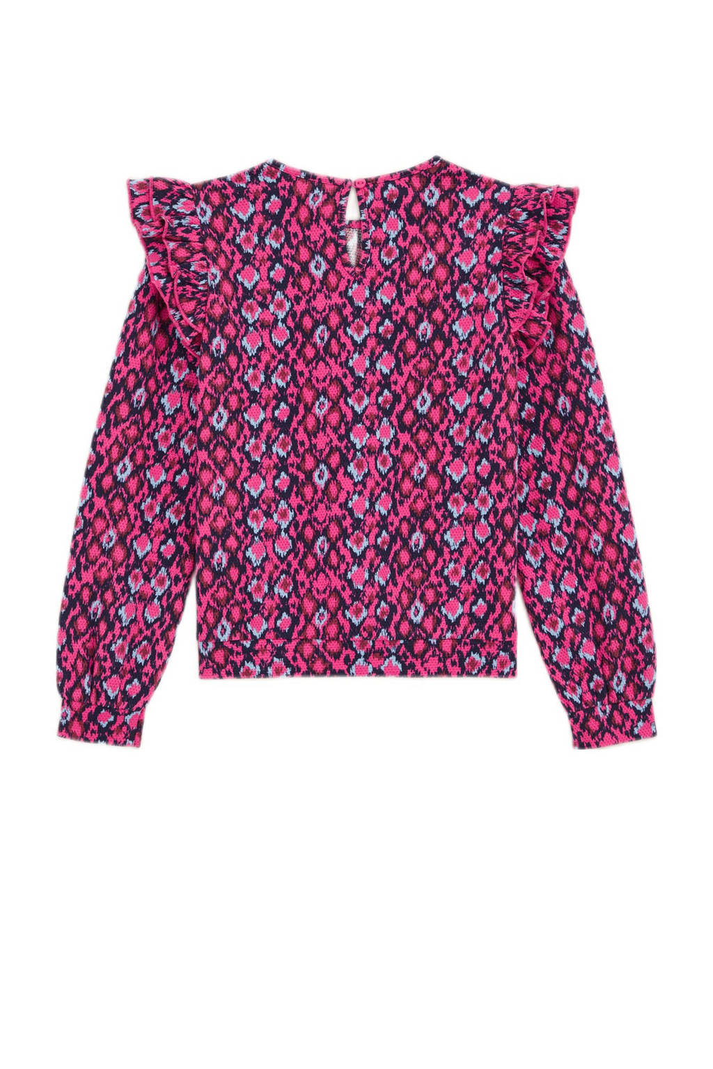 WE Fashion longsleeve met all over print en ruches roze/donkerblauw/multicolor