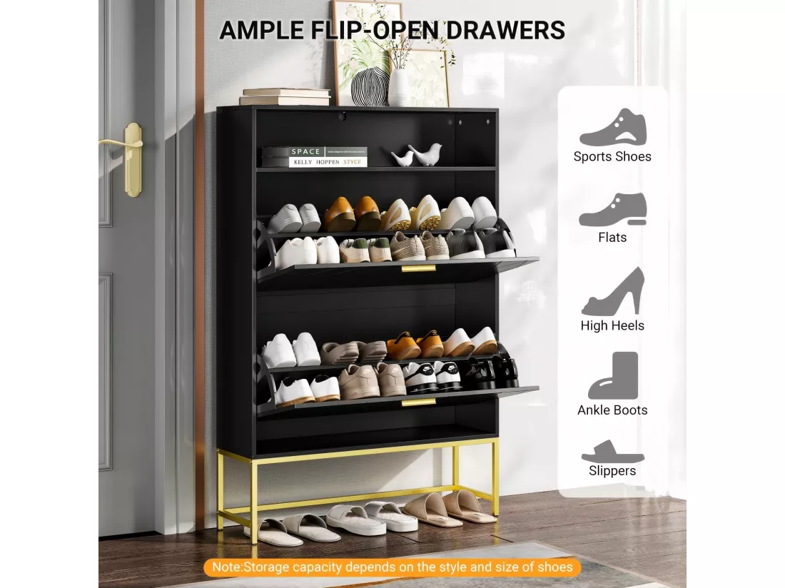 Meuble à chaussures, avec 2 portes abattants et 1 étagère ouverte, conception anti-inclinaison, Noir, 80x24x117CM