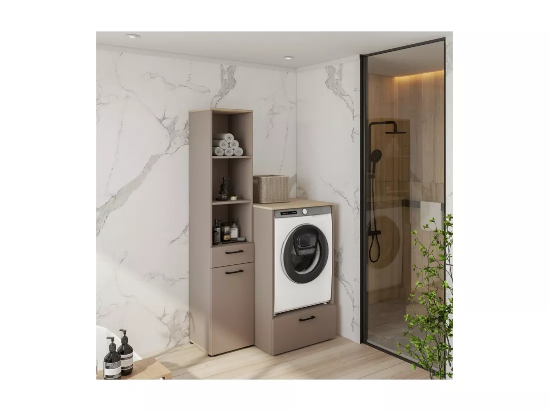 Meuble de rangement pour machine à laver collection WASHING – 1 tiroir – Taupe et chêne