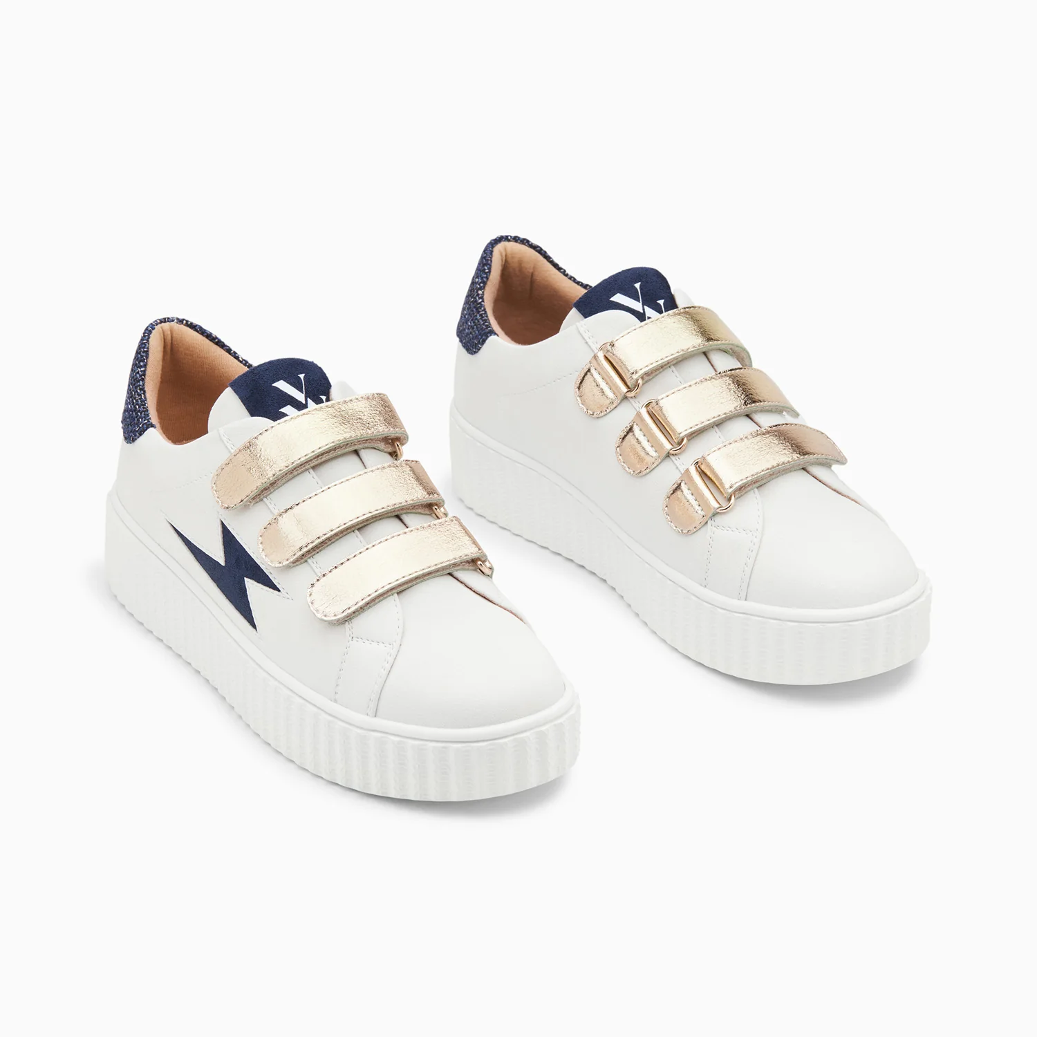 Sneakers-Baskets éclair Pomeline blanc et bleu à scratchs or