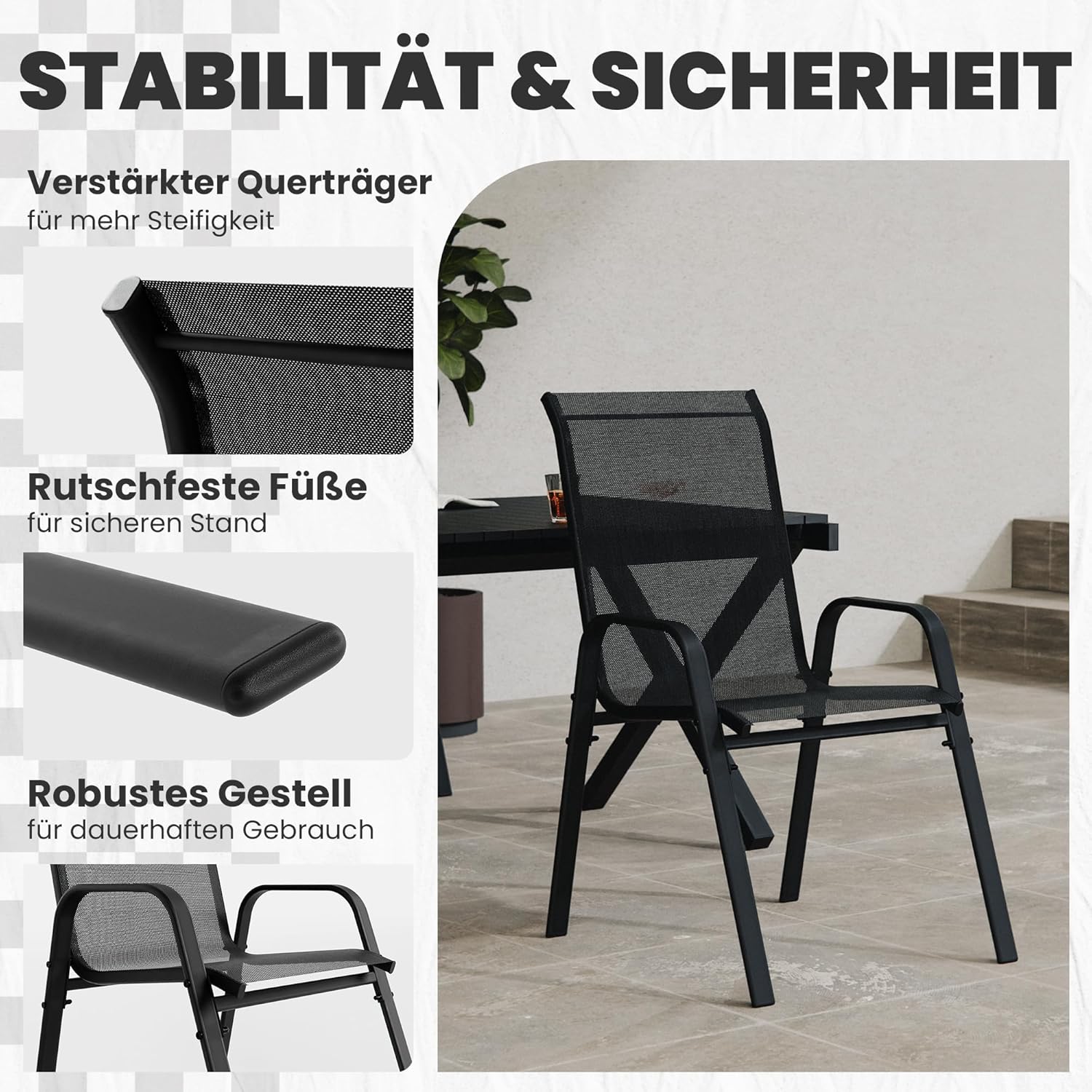 ALAULM Hochlehner Gartenstühle 4er Set Stapelbar, Wetterfeste Terrassenstühle mit Armlehnen, Atmungsaktives Textilene & Stahlgestell für Garten, Balkon, Terrasse, Poolbereich (Schwarz)
