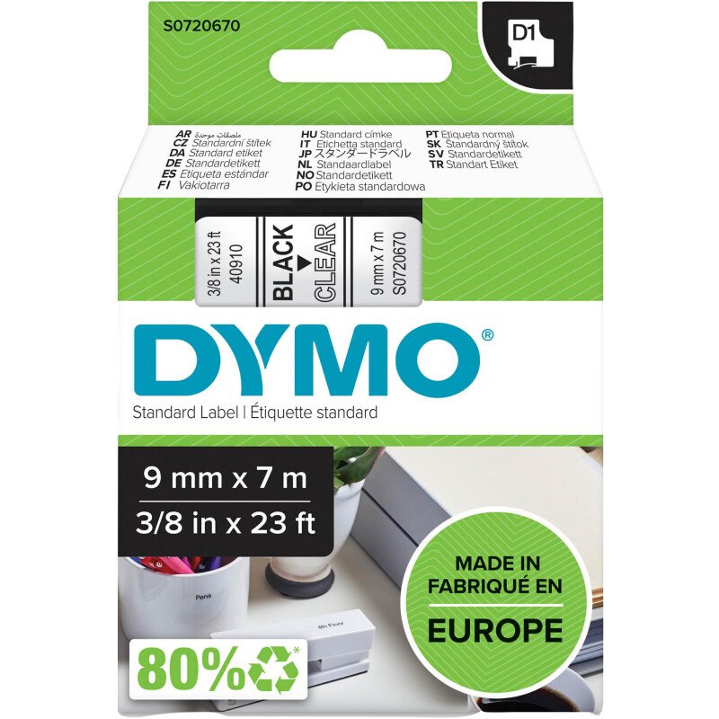 Ruban polyester Dymo D1 9 mm S0720670 transparent écriture noire