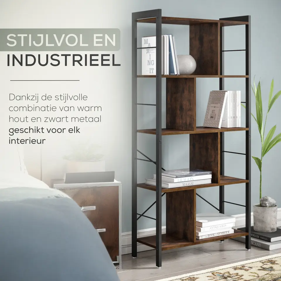 O'DADDY Industrieel Boekenkast - 74x30x150cm - Vintage Bruin/Zwart Metaal