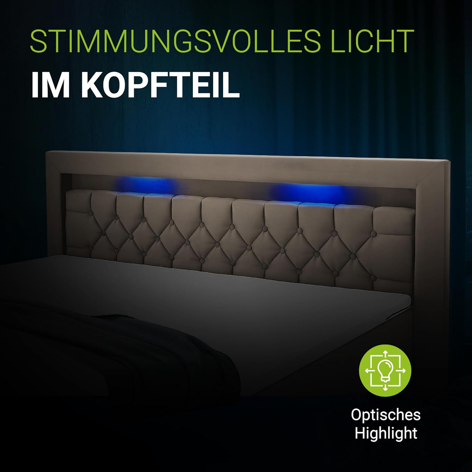 Juskys Boxspringbett Leona 180x200 cm - Bett mit LED Beleuchtung, Topper & H4 Federkern Matratzen - Doppelbett mit Samt und Steppung - Beige
