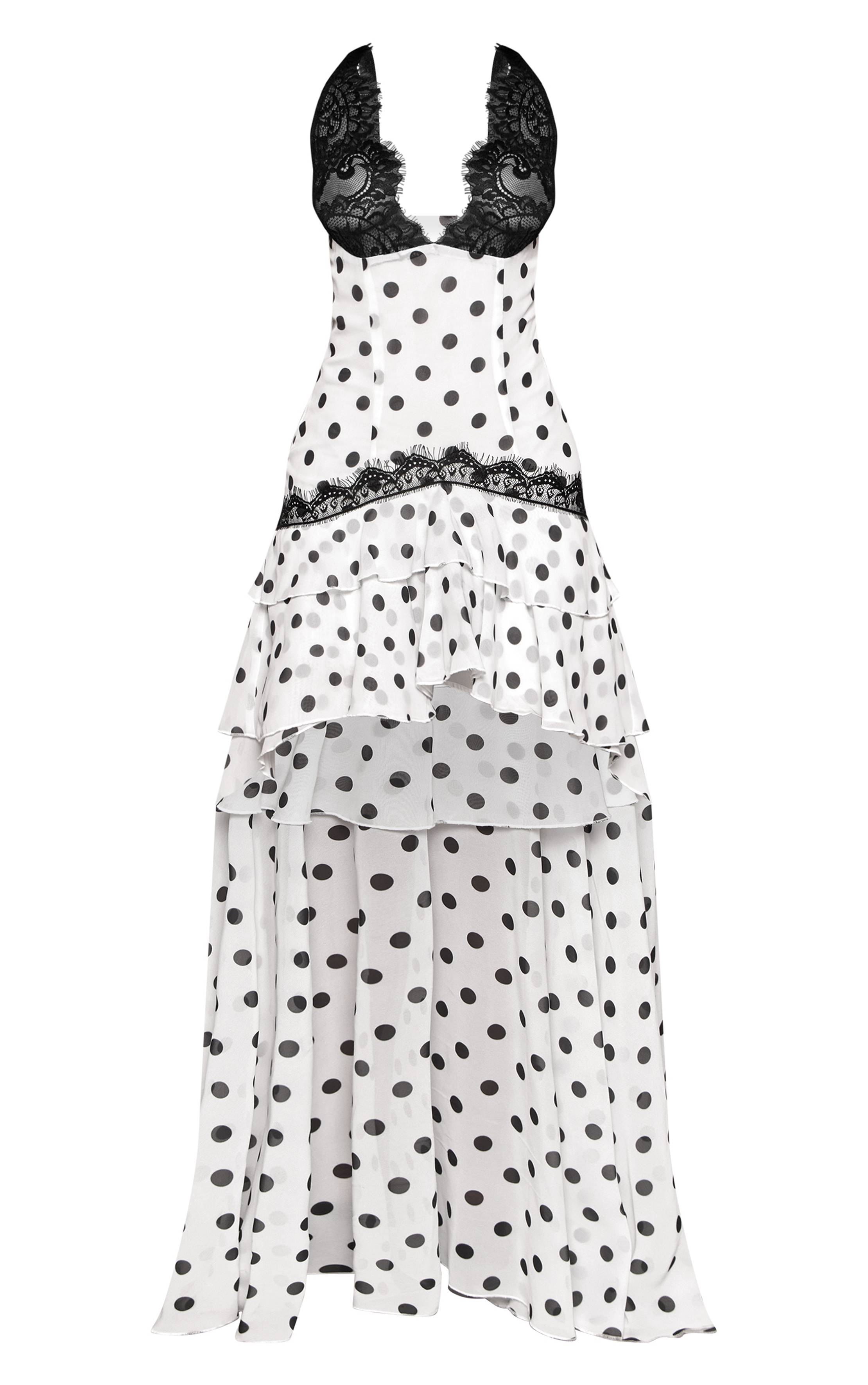 Noir Robe Longue En Mousseline À Pois Avec Bustier En Dentelle Petite