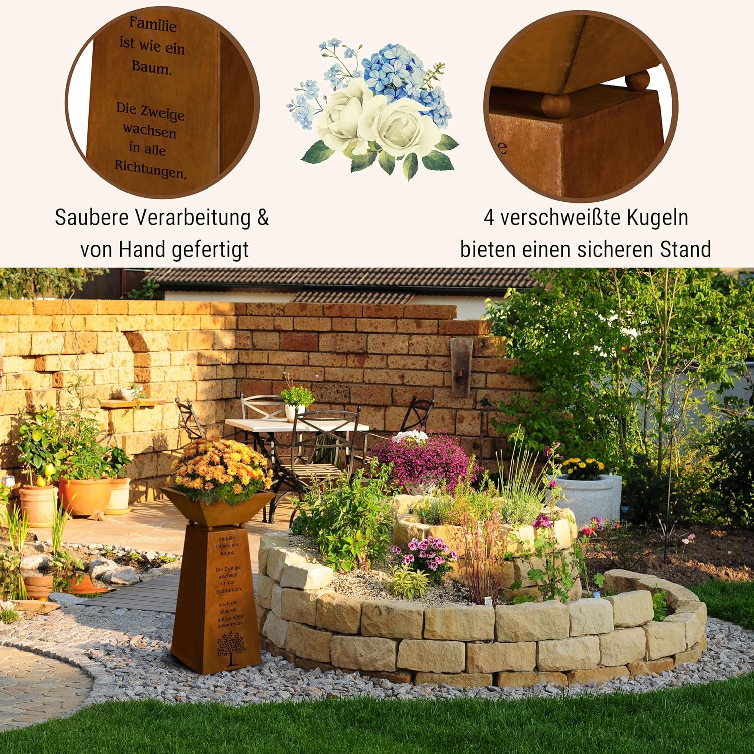Rostikal Pflanzsäule 72 cm - Dekorative Gartensäule aus Metall - inkl. Blumenschale und Familienspruch im Rostdesign - Handgefertigt, Hochwertig, Langlebig