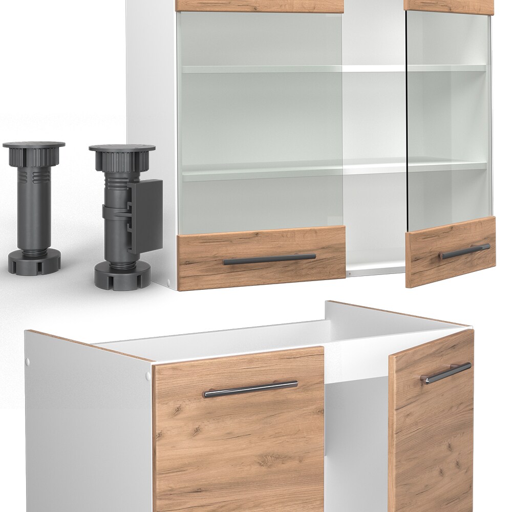 Vicco Küchenzeile Küchenblock Einbauküche Fame-Line Weiß Eiche 200 cm modern Küchen Schränke Schubunterschrank Spülenunterschrank Hängeschrank Hängeglasschrank