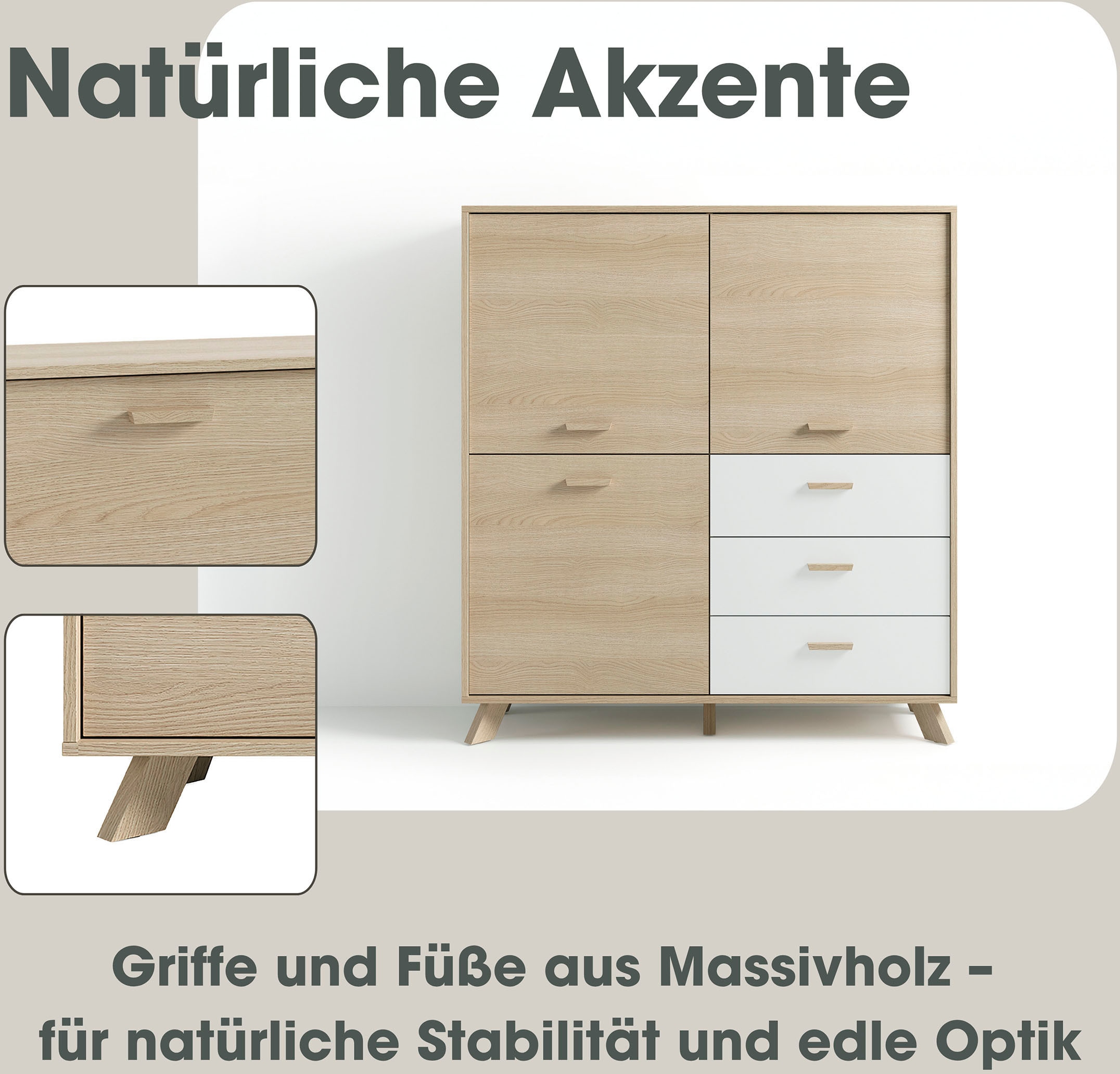 byLIVING Highboard »Bastian« 1 Stk. tlg. mit massiven Holzfüssen und Griffen, natürlicher Eichenlook, 120cm