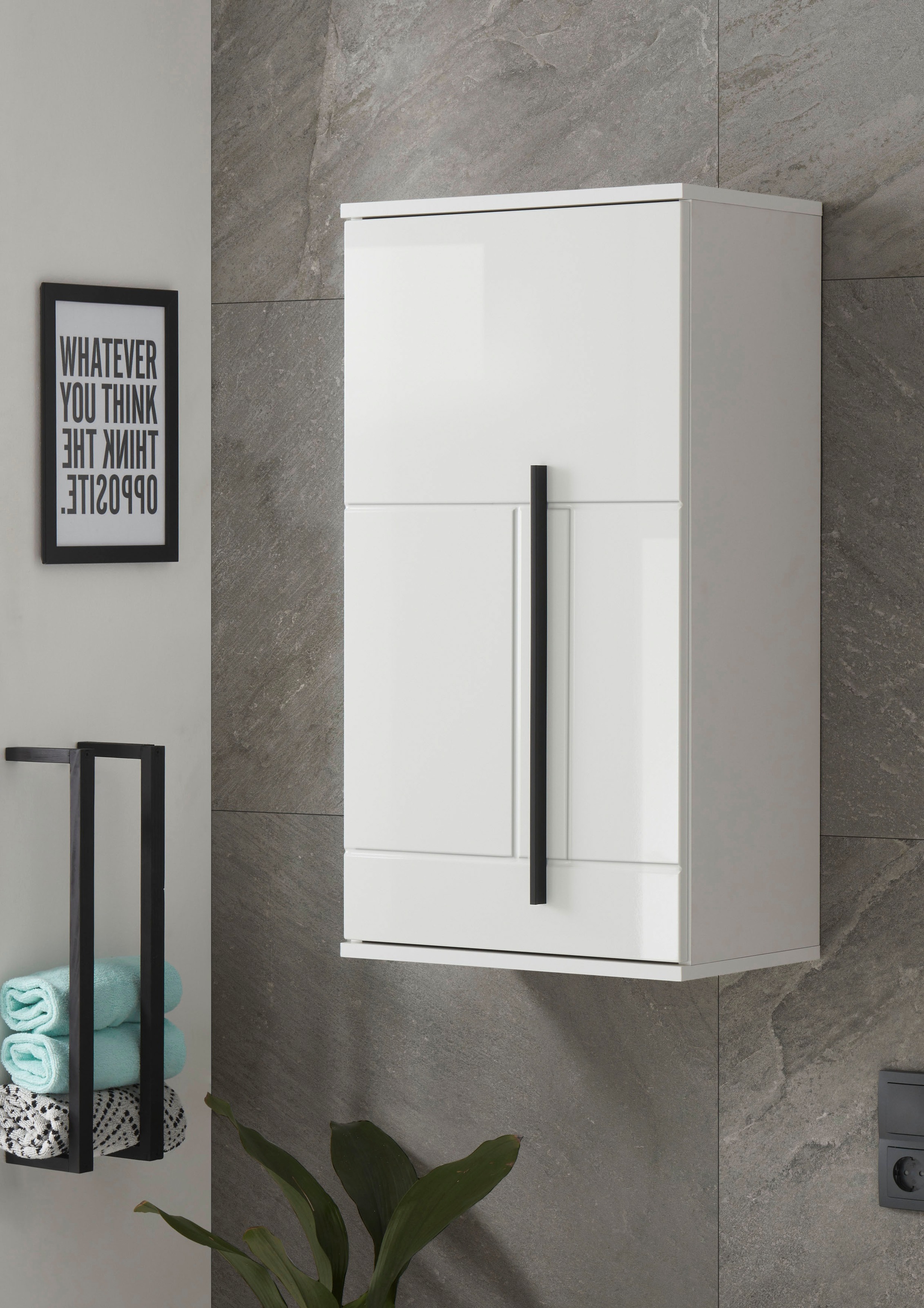 INOSIGN Hängeschrank »Cantara, Badschrank in Hochglanz Weiss, Hängeschrank im modernen Design« mit schwarzen Griffen, ausreichend Stauraum