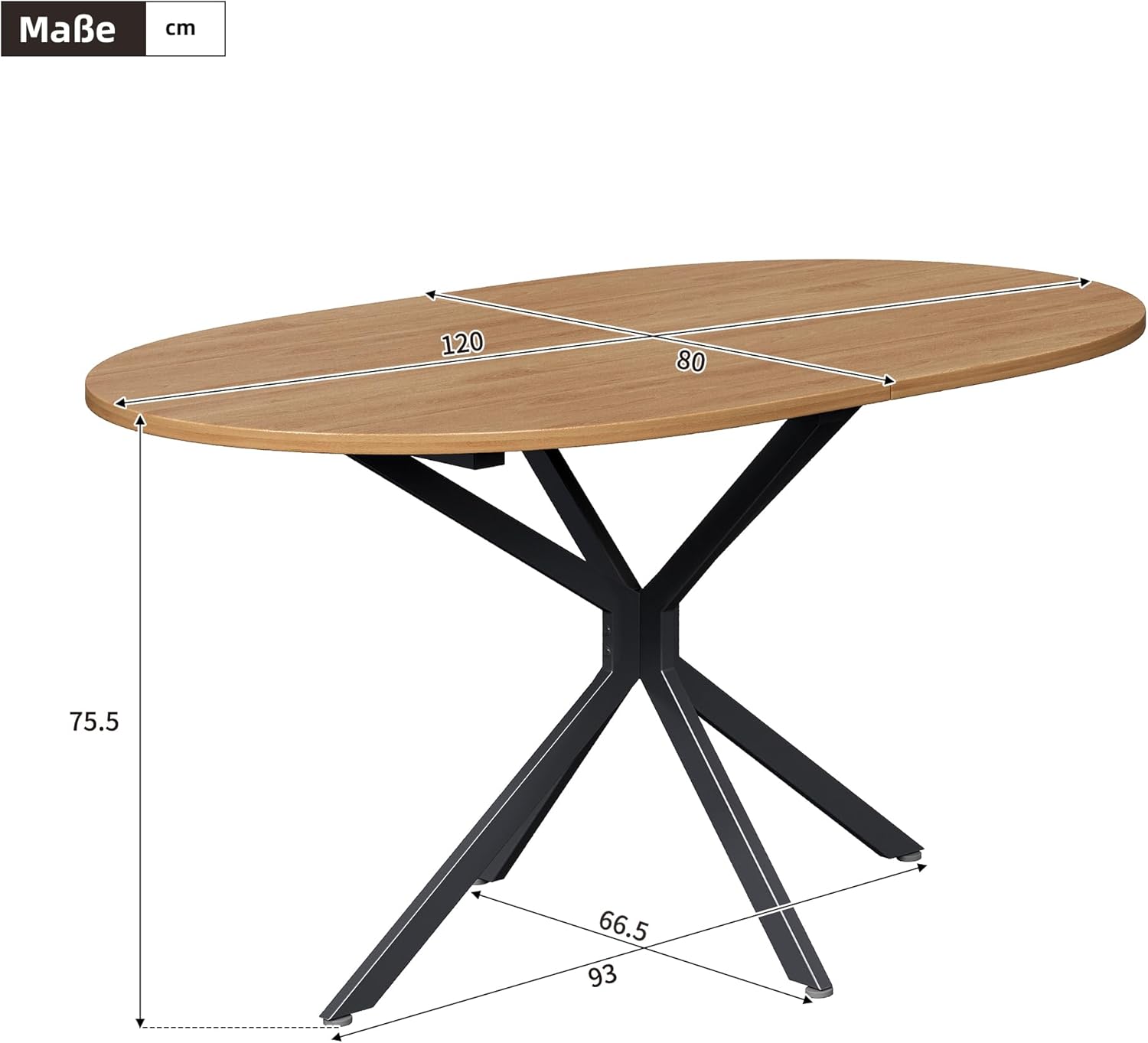 Ovaler Esstisch 120x80x75 cm für 4-6 Personen Küchentisch mit Metallbeine Moderner Frühstückstisch für Esszimmer Wohnzimmer Couchtisch Holz + Schwarz