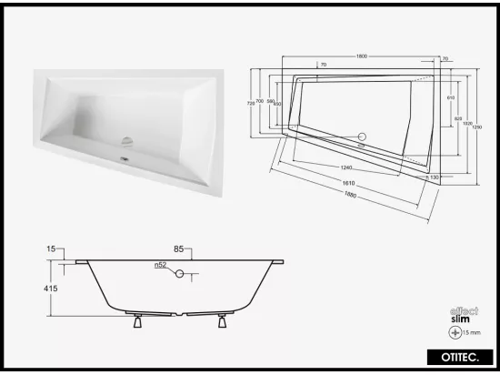 Baignoire Asymétrique à Encastrer - 180 x 125 cm - DROITE - INTIMA DUO SLIM - 2 REPOSE-TÊTES OFFERTS