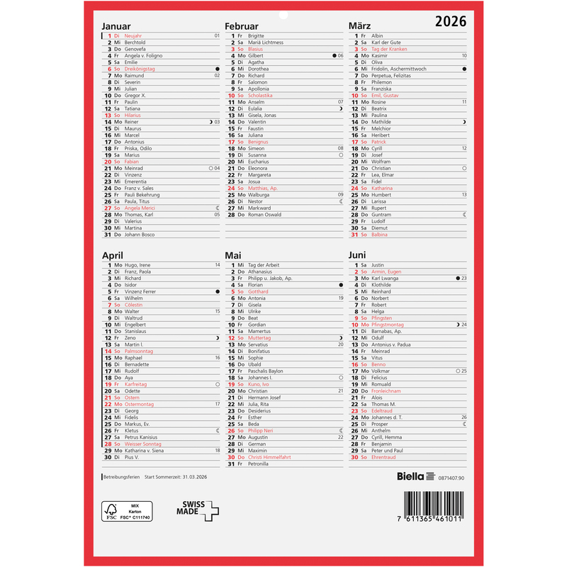 Biella Wandkalender 2026, A4 hoch, 6 Monate / Seite