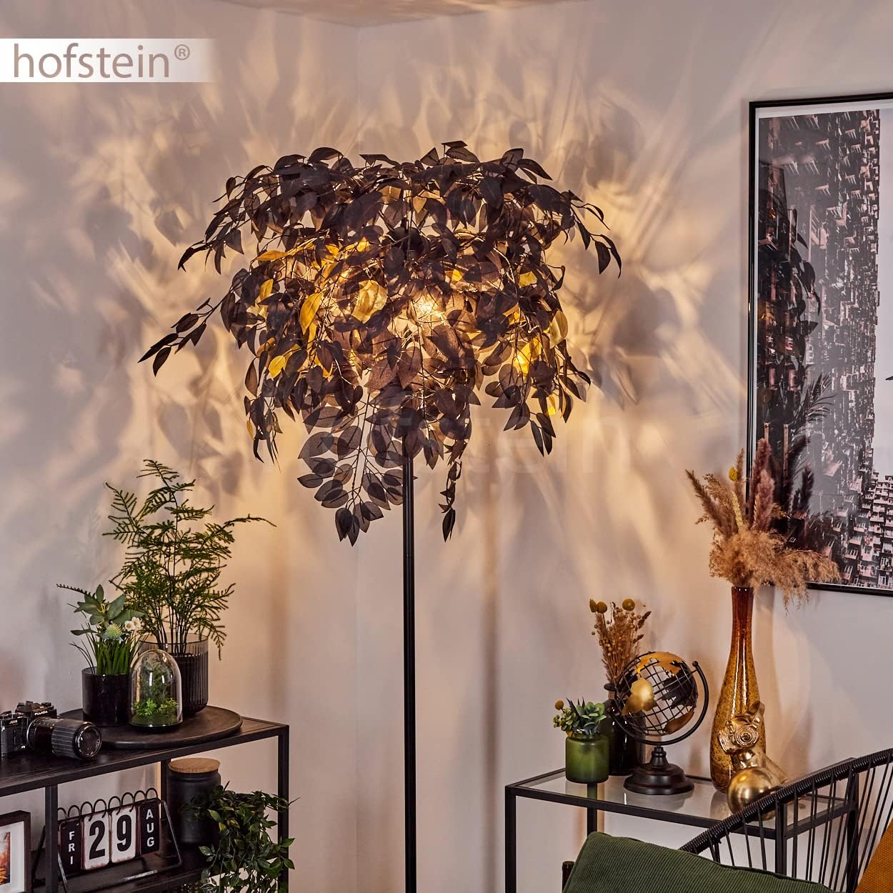 Stehleuchte Kallax, Stehlampe aus Metall/Kunststoff in Schwarz/Goldfarben, Standlampe mit Schirm in Blatt-Optik, Höhe 190 cm, mit Fußschalter am Kabel und Lichteffekt, 3 x E14, ohne Leuchtmittel