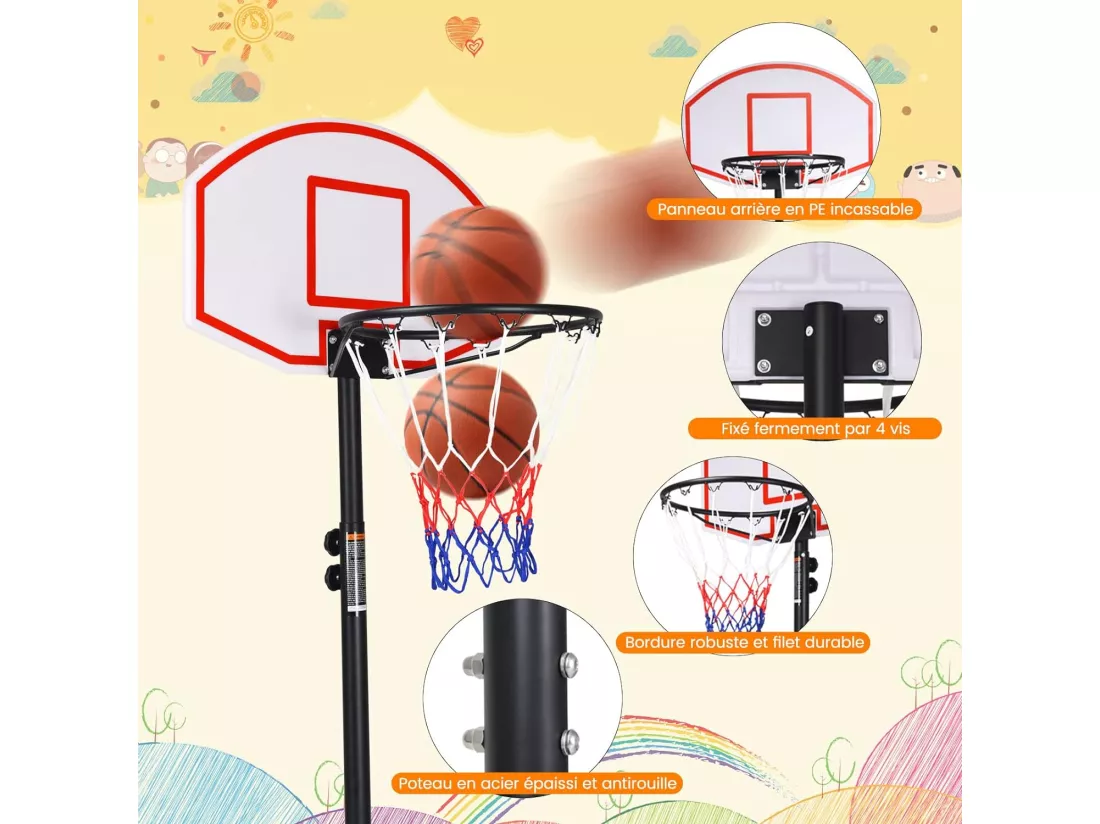 Panier de Basket sur Pied-Hauteur Réglable 178-208cm-Base de Lestage sur Roulettes en Acier PE