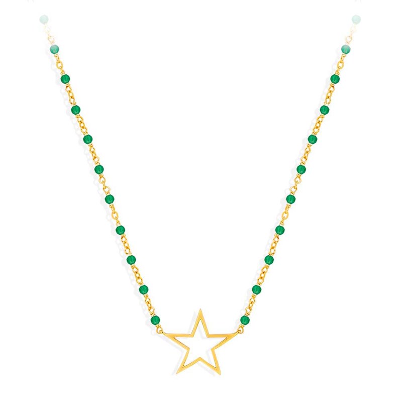 Collier Argent Doré étoile Et Pierre Onyx Vert