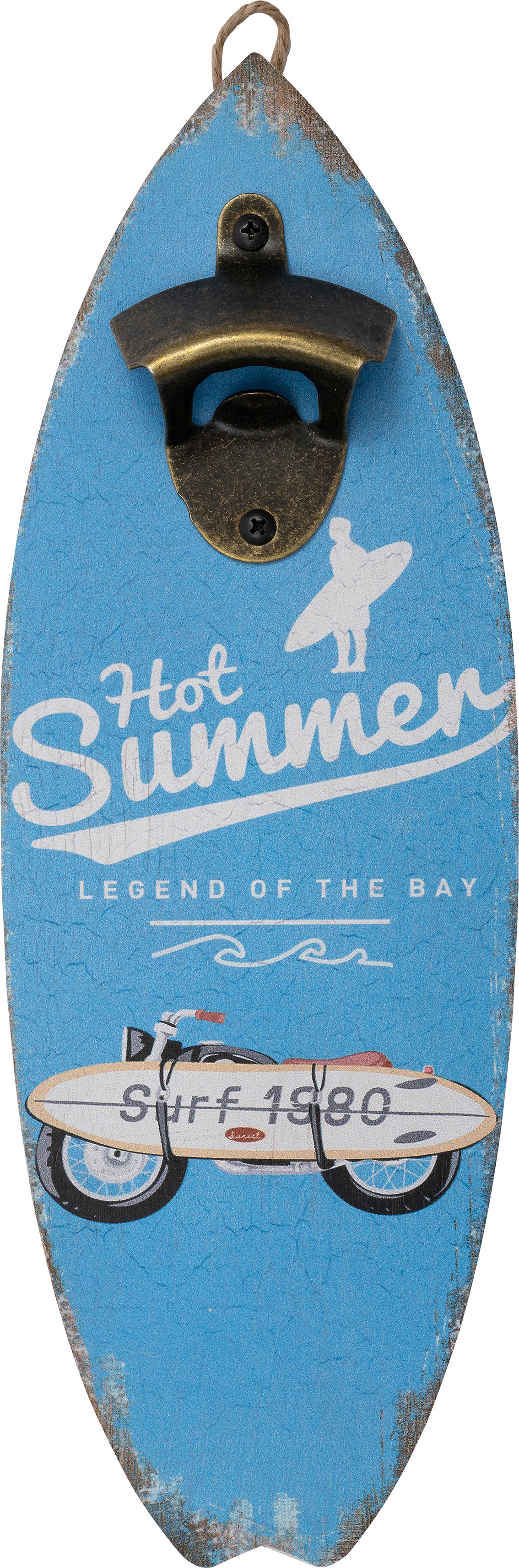 Intratuin wanddecoratie met flesopener Beach surfplank blauw 12 x 34 cm