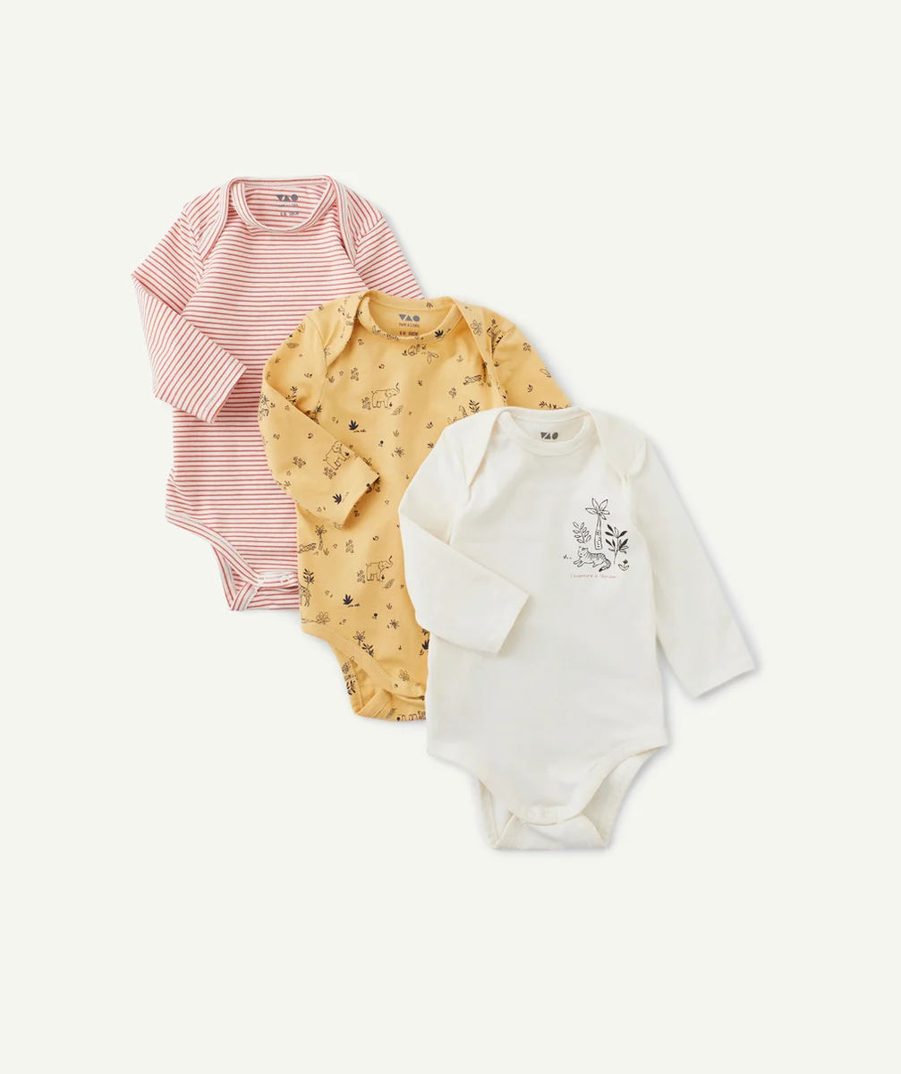 LOT DE 3 BODIES BÉBÉ EN COTON BIO IMPRIMÉ À RAYURES THÈME NATURE
